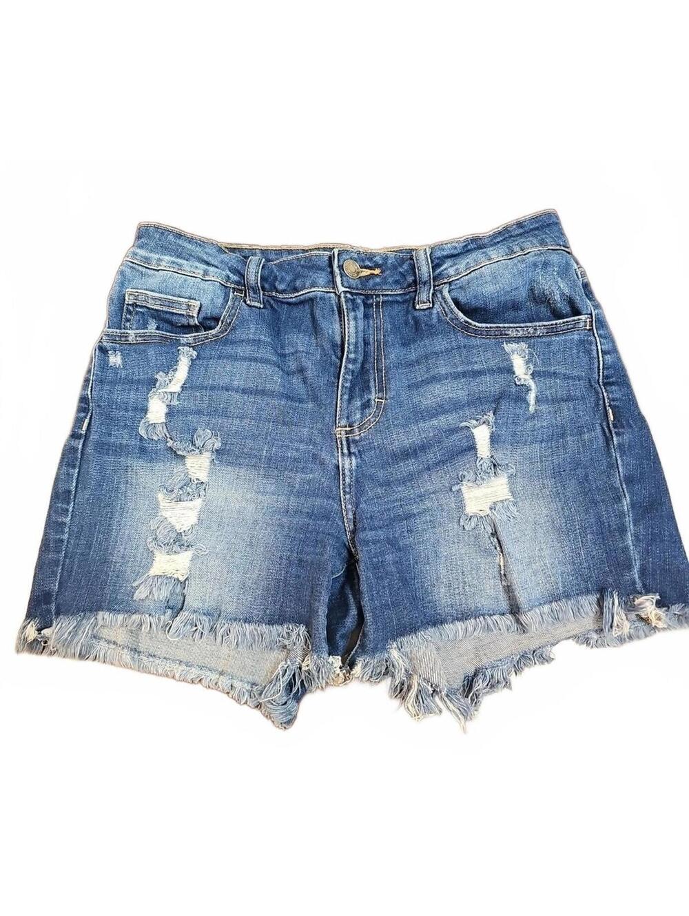 Cello Womens Dark Wash stretch Distressed High Rise Cut Off Denim Jean Shorts S.
